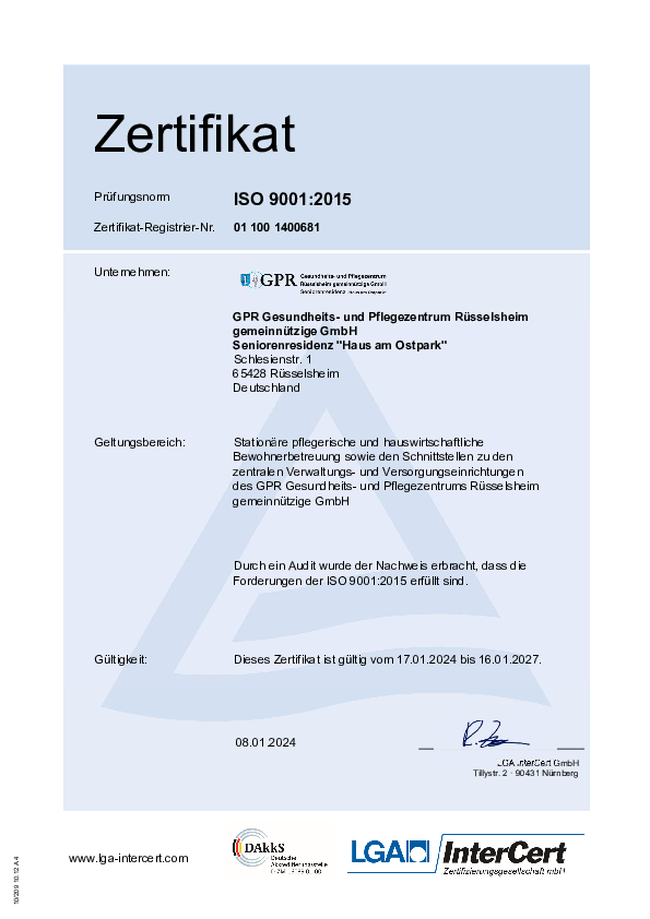 Zertifikat Seniorenresidenz